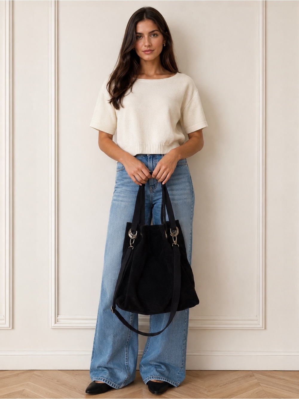 Black Suede Tote Bag with Removable Crossbody Strap Made in italy 🇮🇹 ❤️❤️❤️